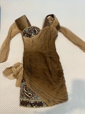 Brown Chiffon Ruched Evening Dress with Paisley Sequin Detail